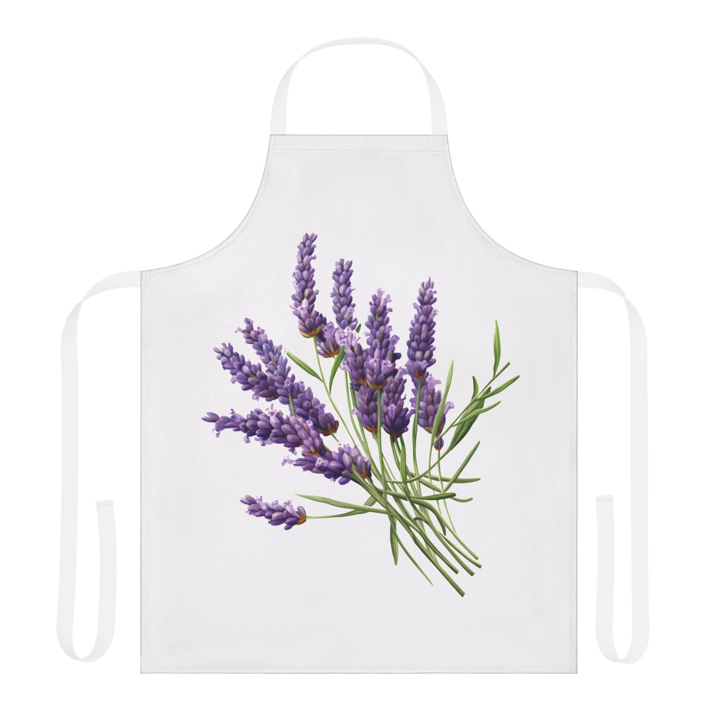 Lavender apron laid flat on a white body, showing the lavender bundle and neck strap