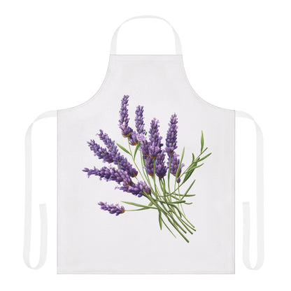 Lavender apron laid flat on a white body, showing the lavender bundle and neck strap
