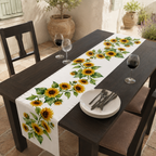 Sunflower table runner on a dark wooden table with chairs and plates