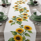 Sunflower table runner on a laid table with green plates and glasses