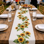Sunflower table runner down a long wooden banquet table set with glasses
