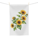 Sunflower tea towel hanging, showing the sunflower bouquet print