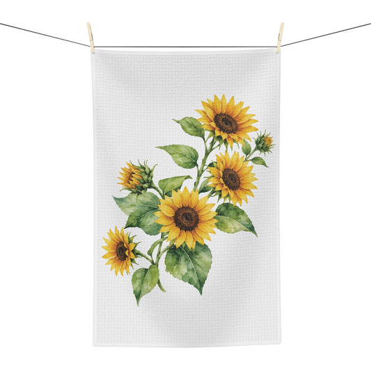 Sunflower tea towel hanging, showing the sunflower bouquet print
