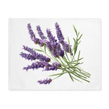Lavender placemat laid flat, showing a bundle of cut lavender on white cotton twill