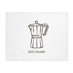 Caffè Italiano placemat laid flat, showing a line-drawn moka pot with Caffè Italiano lettering on white cotton twill