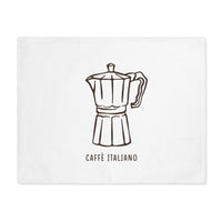 Caffè Italiano placemat laid flat, showing a line-drawn moka pot with Caffè Italiano lettering on white cotton twill