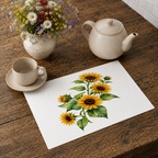 Sunflower placemat on a wooden table with a stoneware cup and teapot and a jug of daisies