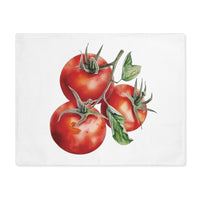 Tomato placemat laid flat, showing tomatoes on the vine on white cotton twill