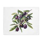 Olive Branch placemat laid flat, showing an olive branch with dark olives on white cotton twill