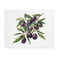 Olive Branch placemat laid flat, showing an olive branch with dark olives on white cotton twill