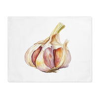 Garlic placemat laid flat, showing a watercolor head of garlic on white cotton twill