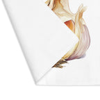 Garlic placemat with one corner turned back, showing the hemmed edge and the plain reverse