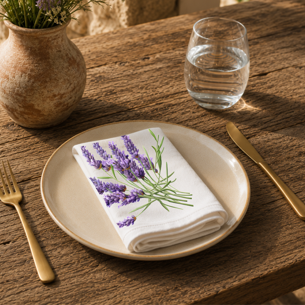 Lavender napkin on a cream plate with a glass of water and a terracotta vase of Mediterranean wildflowers
