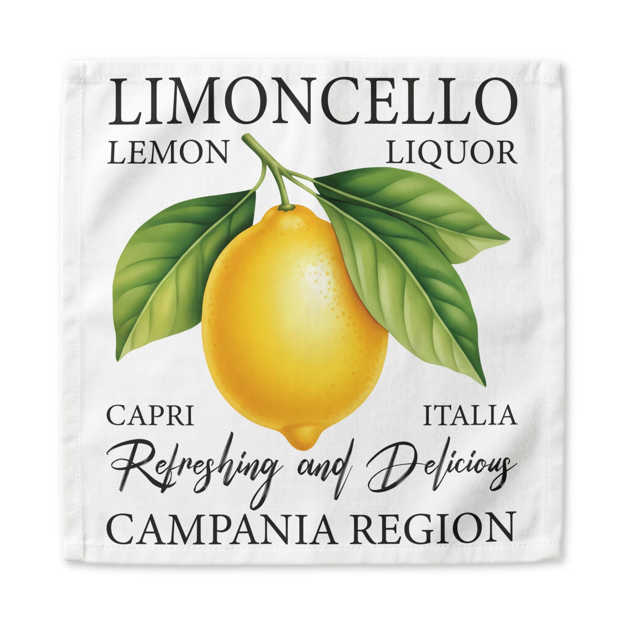 Limoncello dinner napkin, 22 inch, the Capri lemon liquor label on white cotton with hemmed edges