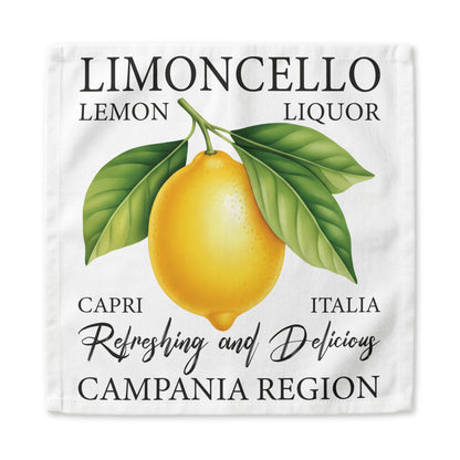 Limoncello dinner napkin, 22 inch, the Capri lemon liquor label on white cotton with hemmed edges