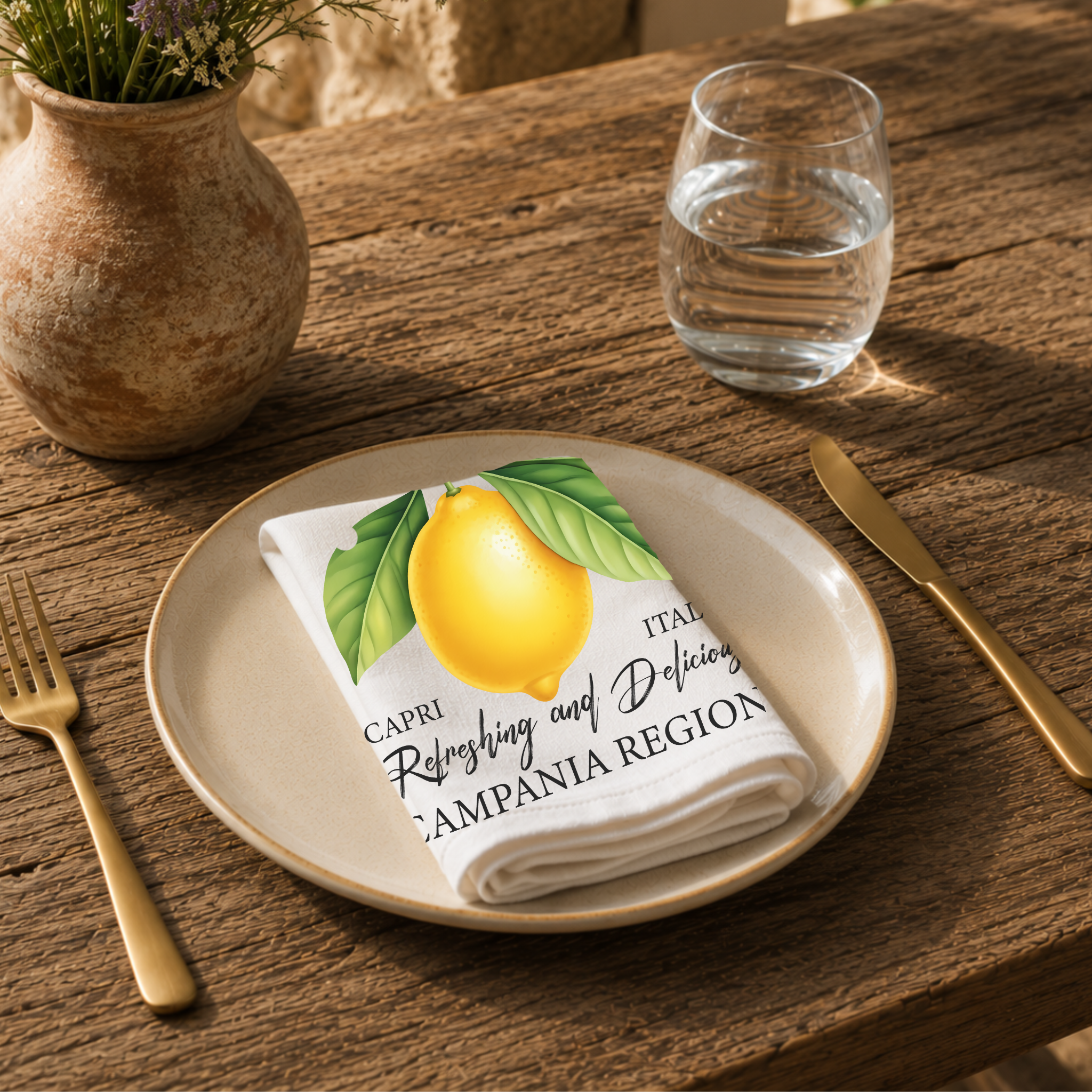 Limoncello napkin on a cream plate with a glass of water and a terracotta vase of Mediterranean wildflowers on rustic wood