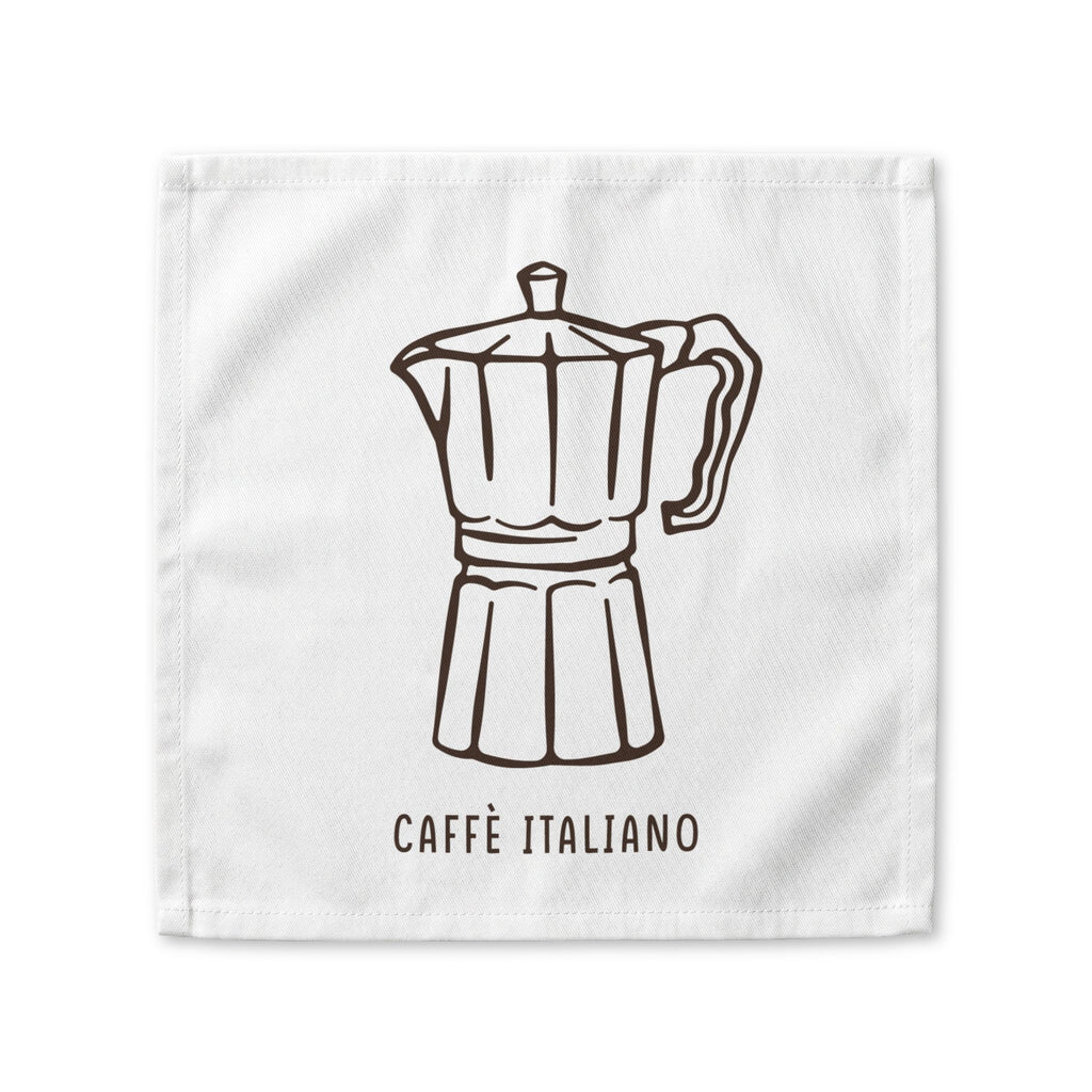 Caffè Italiano cloth napkin laid flat, showing a moka pot drawn in a single dark brown line on white cotton