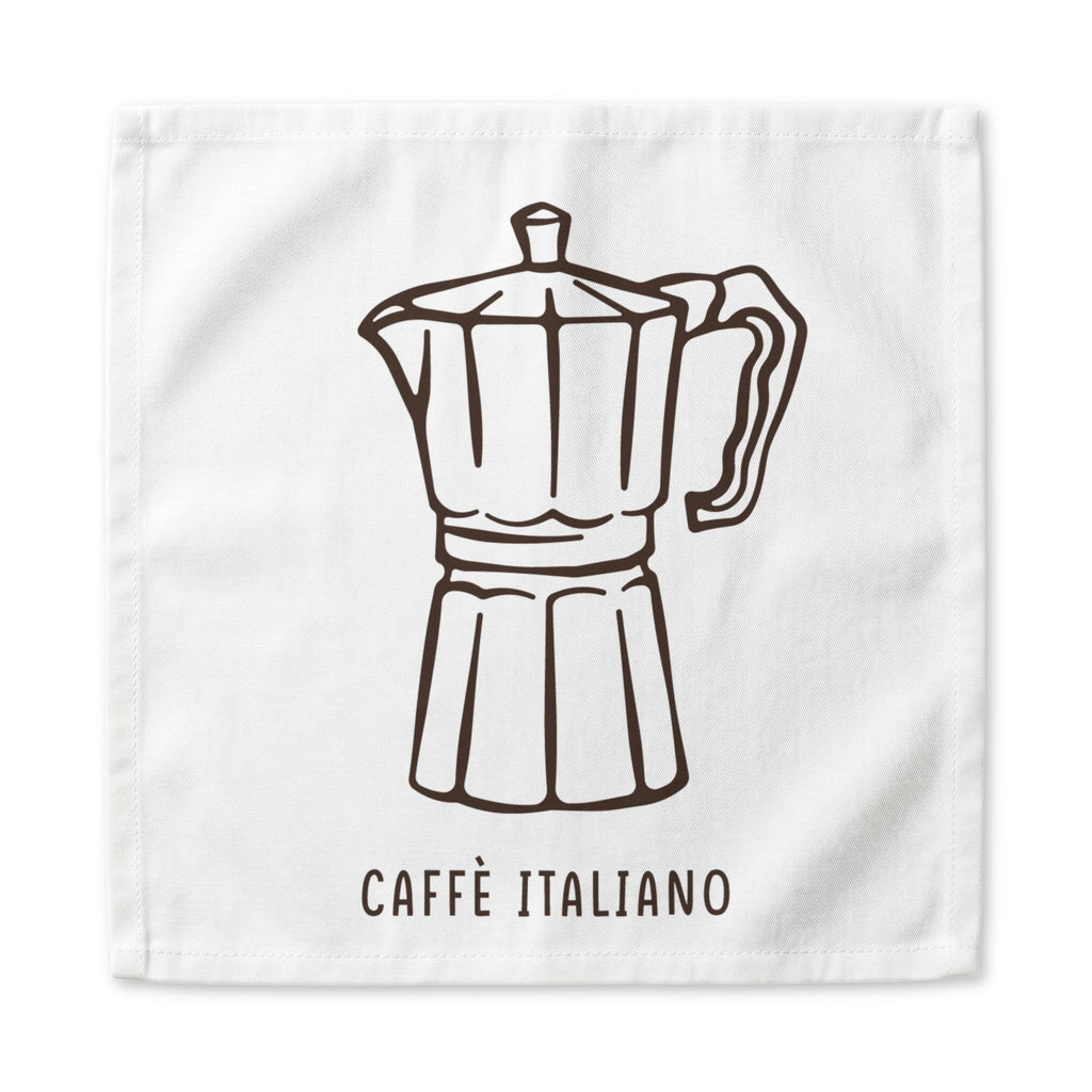 Caffè Italiano dinner napkin, 22 inch, the line-drawn moka pot centered on white cotton with hemmed edges
