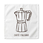 Caffè Italiano dinner napkin, 22 inch, the line-drawn moka pot centered on white cotton with hemmed edges