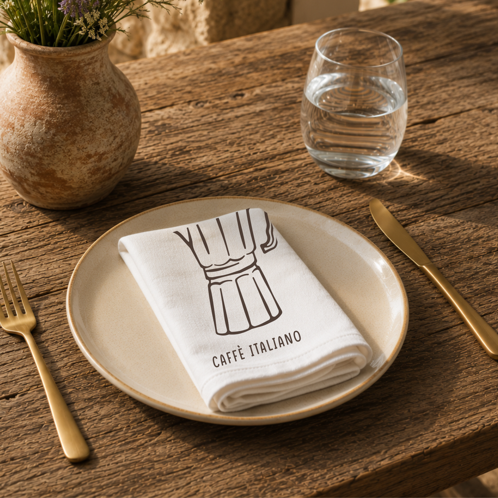 Caffè Italiano napkin on a cream plate with a glass of water and a terracotta vase of Mediterranean wildflowers
