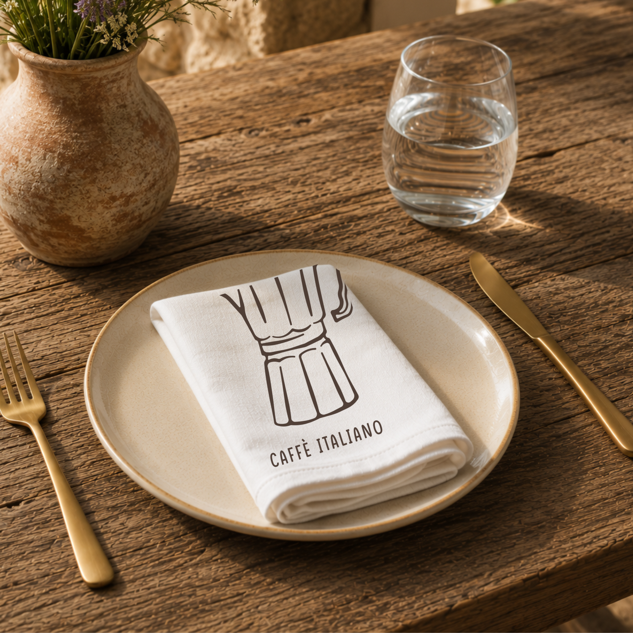 Caffè Italiano napkin on a cream plate with a glass of water and a terracotta vase of Mediterranean wildflowers