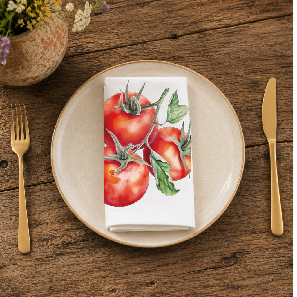 Tomato napkin folded on a cream plate between gold cutlery, beside a terracotta vase of Mediterranean wildflowers