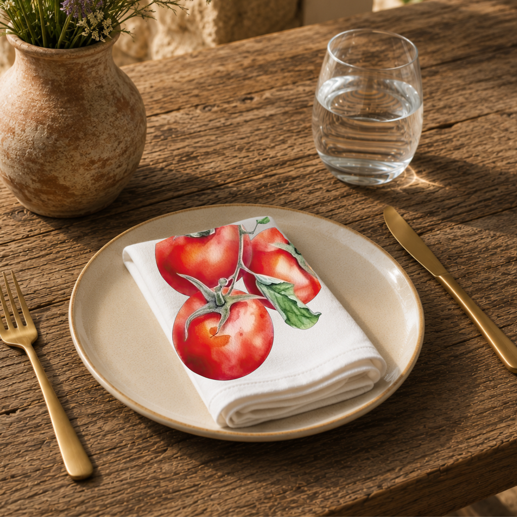 Tomato napkin on a cream plate with a glass of water and a terracotta vase of Mediterranean wildflowers on rustic wood