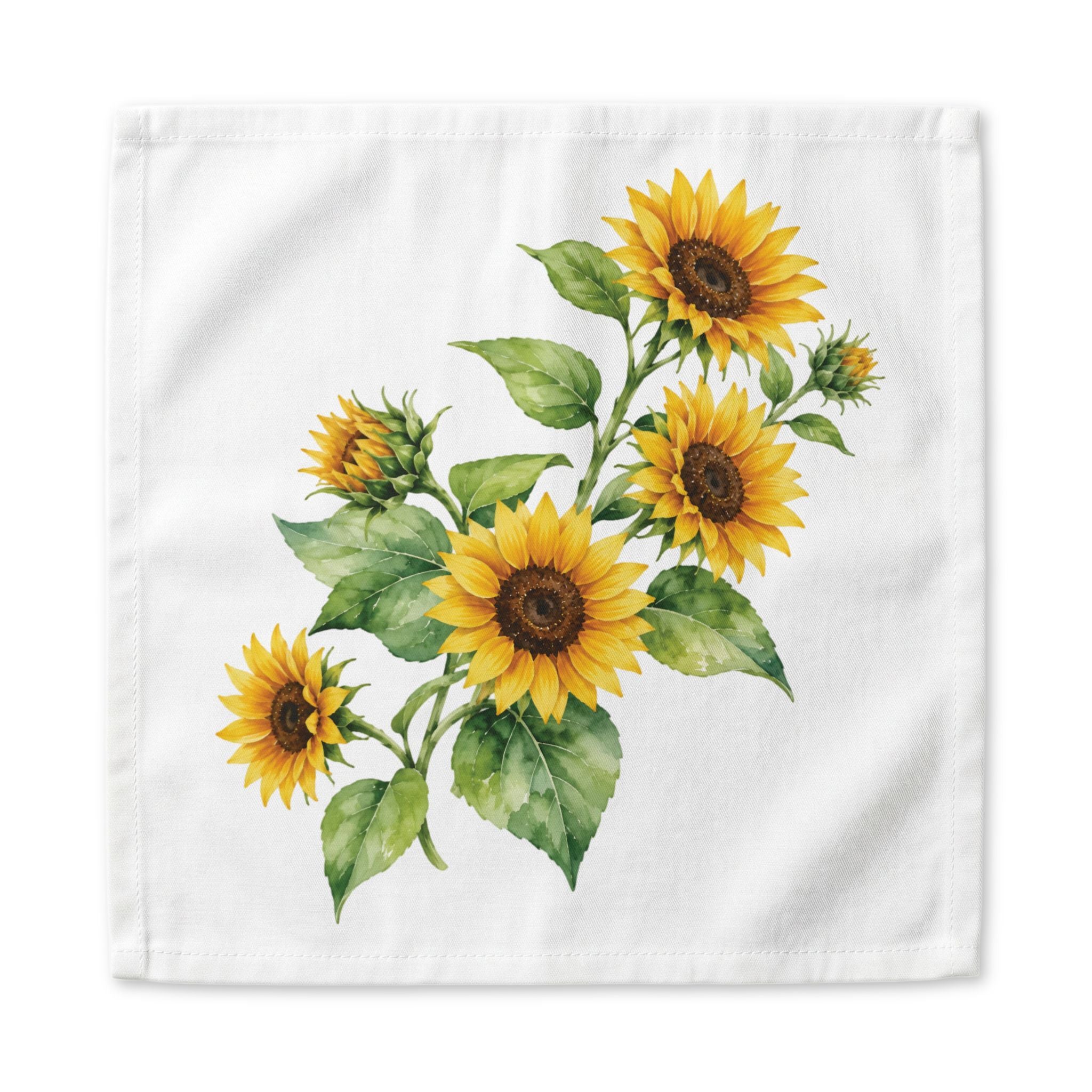 Sunflower dinner napkin, 22 inch, the watercolor sunflower bouquet centered on white cotton with hemmed edges