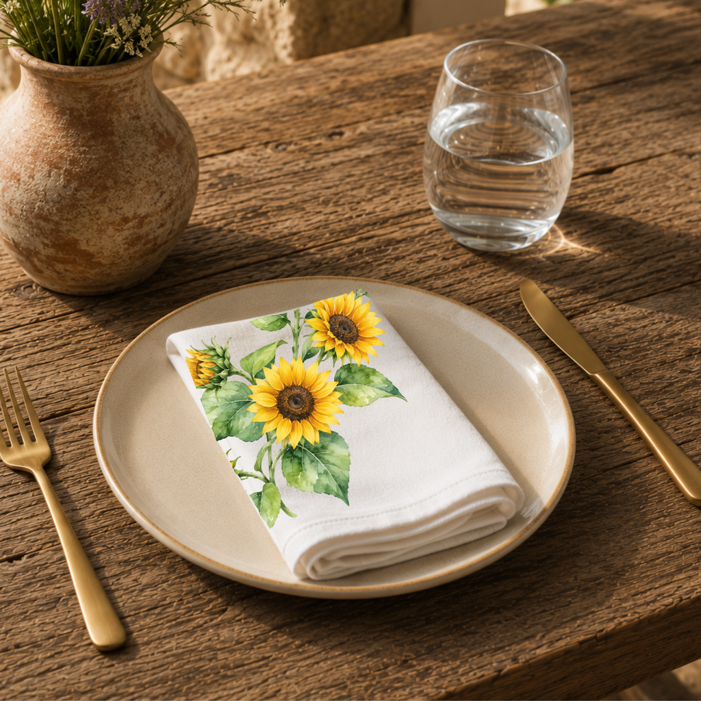 Sunflower napkin on a cream plate with a glass of water and a terracotta vase of Mediterranean wildflowers on rustic wood
