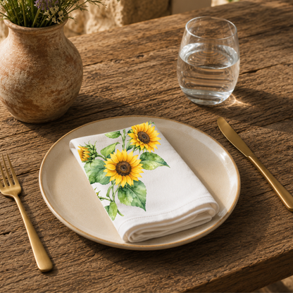 Sunflower napkin on a cream plate with a glass of water and a terracotta vase of Mediterranean wildflowers on rustic wood