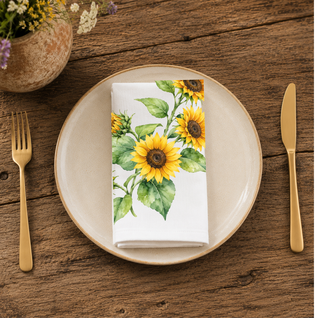 Sunflower napkin folded on a cream plate between gold cutlery, beside a terracotta vase of Mediterranean wildflowers