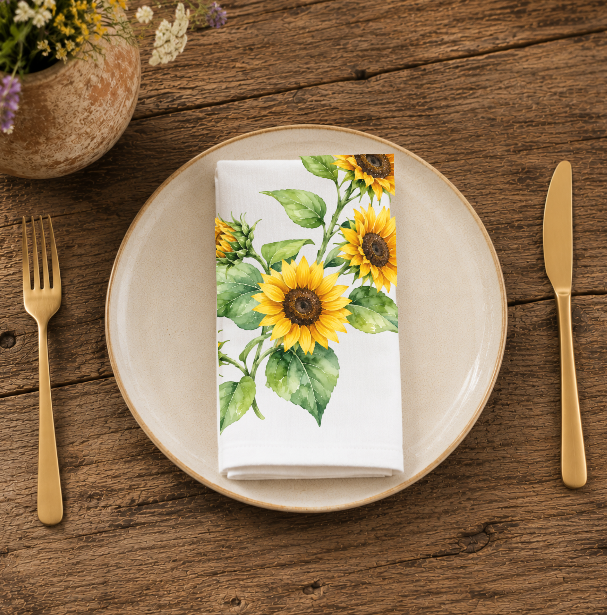 Sunflower napkin folded on a cream plate between gold cutlery, beside a terracotta vase of Mediterranean wildflowers
