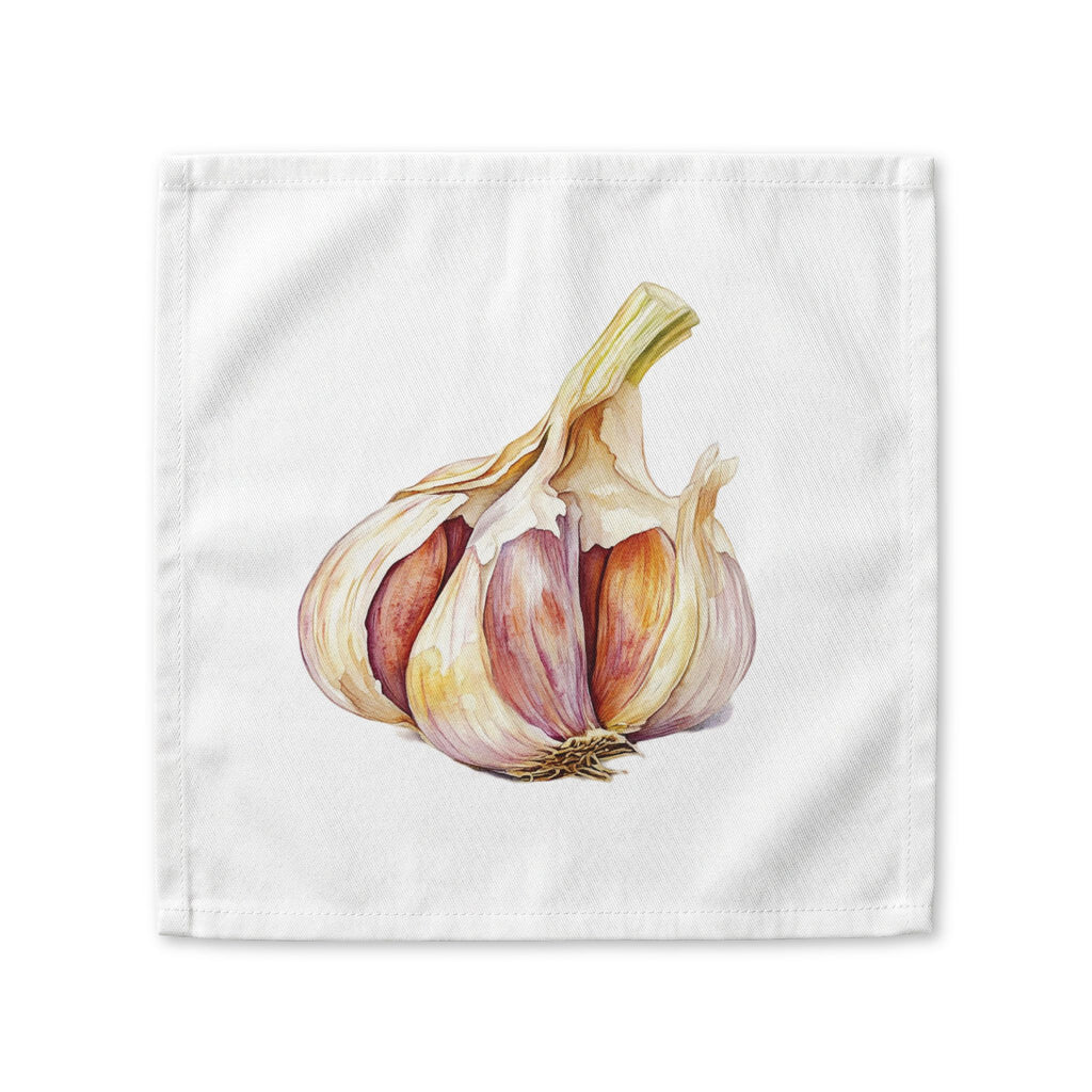 Garlic cloth napkin laid flat, showing a single watercolor garlic bulb cut open to reveal purple-pink cloves