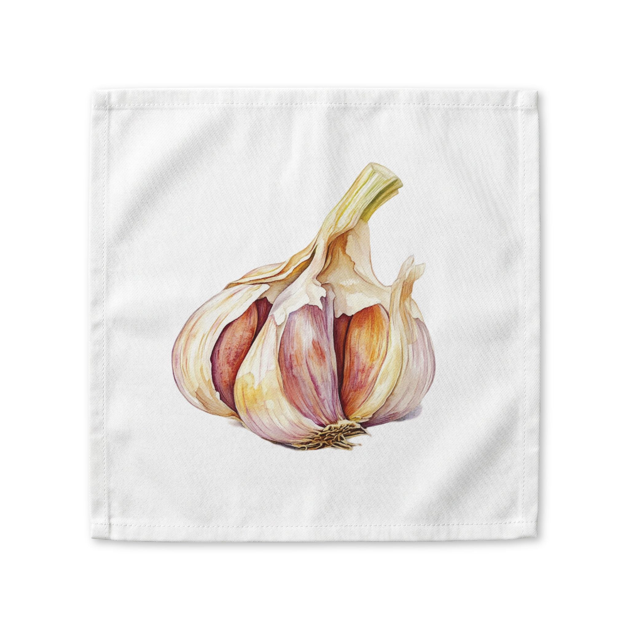 Garlic cloth napkin laid flat, showing a single watercolor garlic bulb cut open to reveal purple-pink cloves