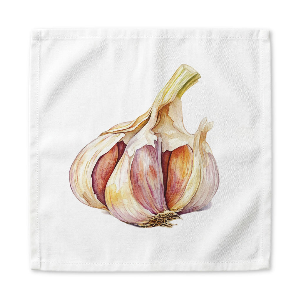Garlic dinner napkin, 22 inch, the watercolor garlic bulb centered on white cotton with hemmed edges