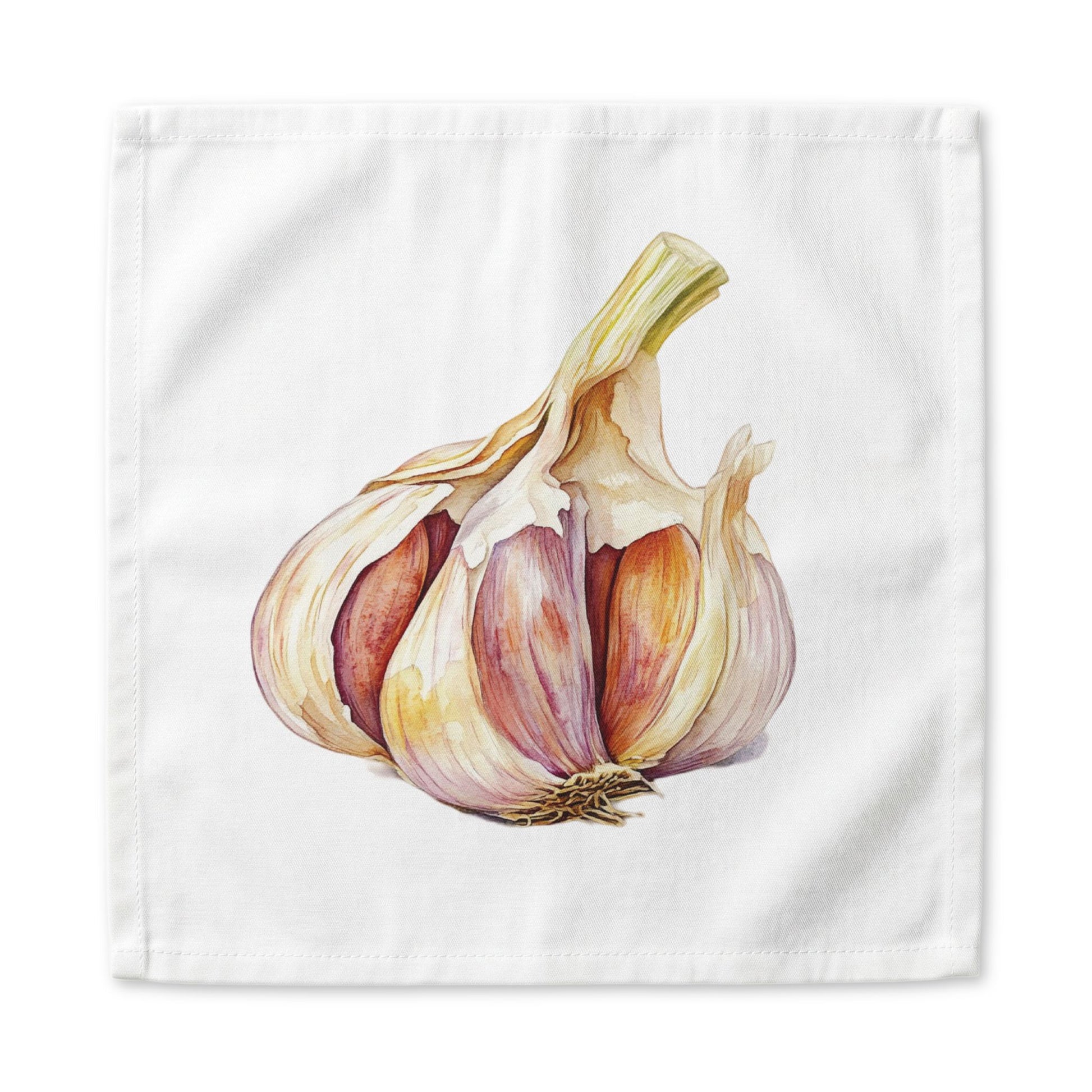 Garlic dinner napkin, 22 inch, the watercolor garlic bulb centered on white cotton with hemmed edges