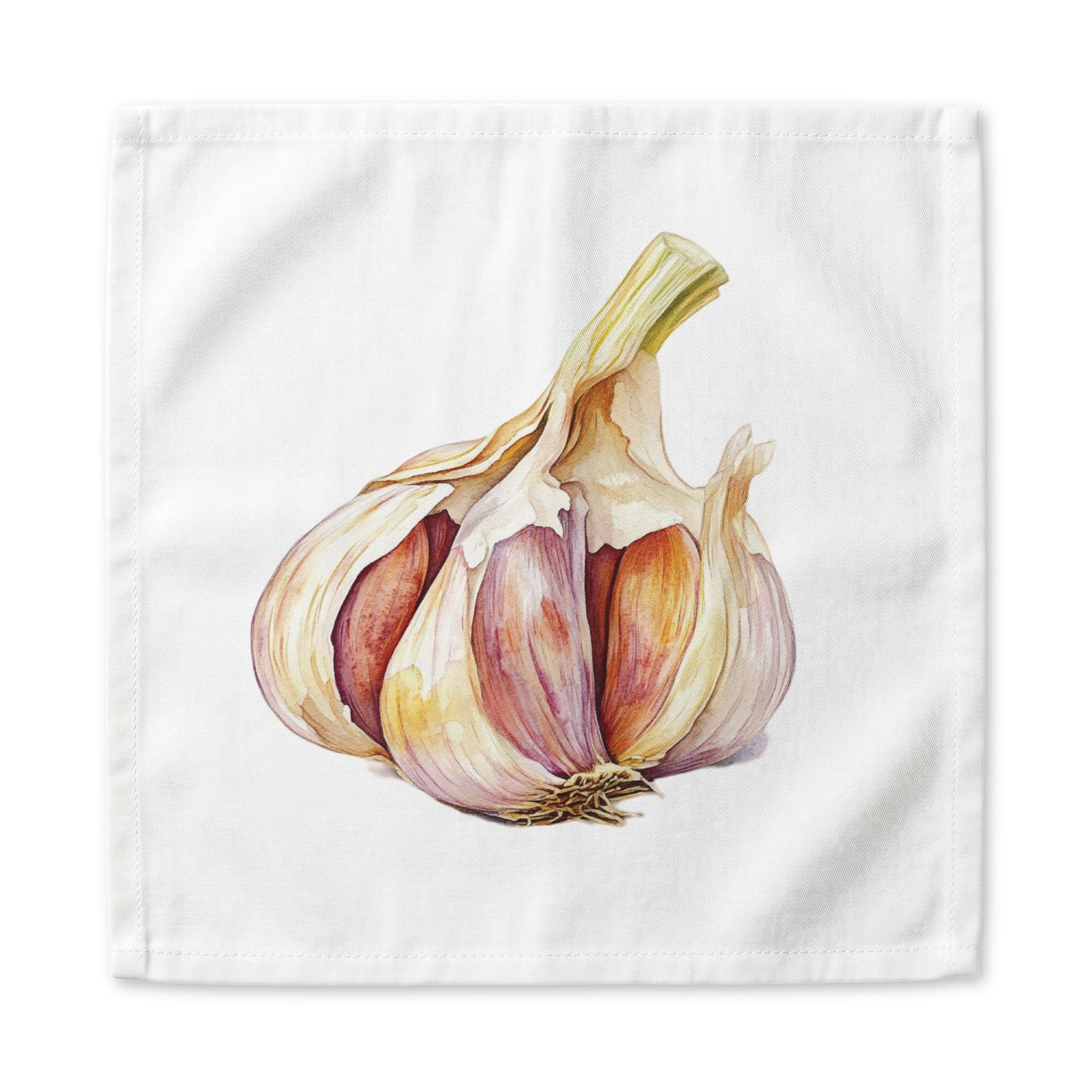 Garlic dinner napkin, 22 inch, the watercolor garlic bulb centered on white cotton with hemmed edges