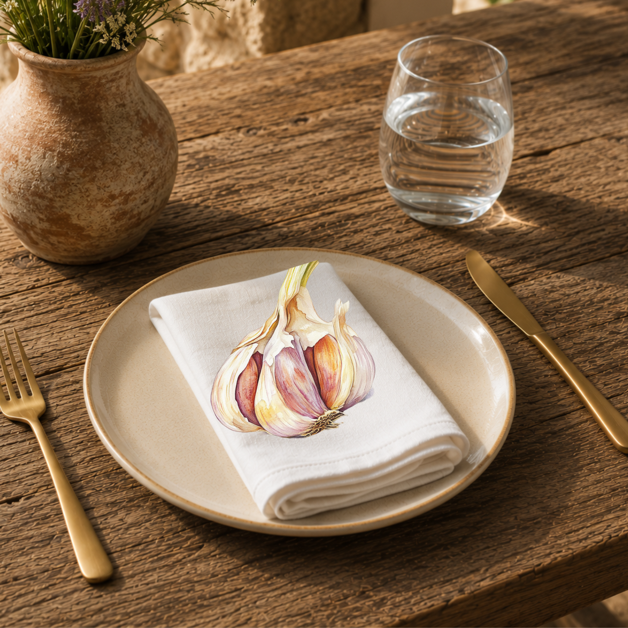 Garlic napkin on a cream plate with a glass of water and a terracotta vase of Mediterranean wildflowers on rustic wood