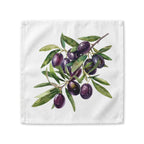 Olive Branch cloth napkin laid flat, showing a watercolor branch with dark purple olives and green leaves