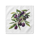 Olive Branch cloth napkin laid flat, showing a watercolor branch with dark purple olives and green leaves