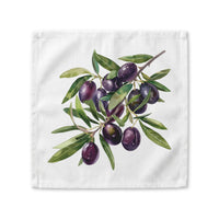 Olive Branch cloth napkin laid flat, showing a watercolor branch with dark purple olives and green leaves