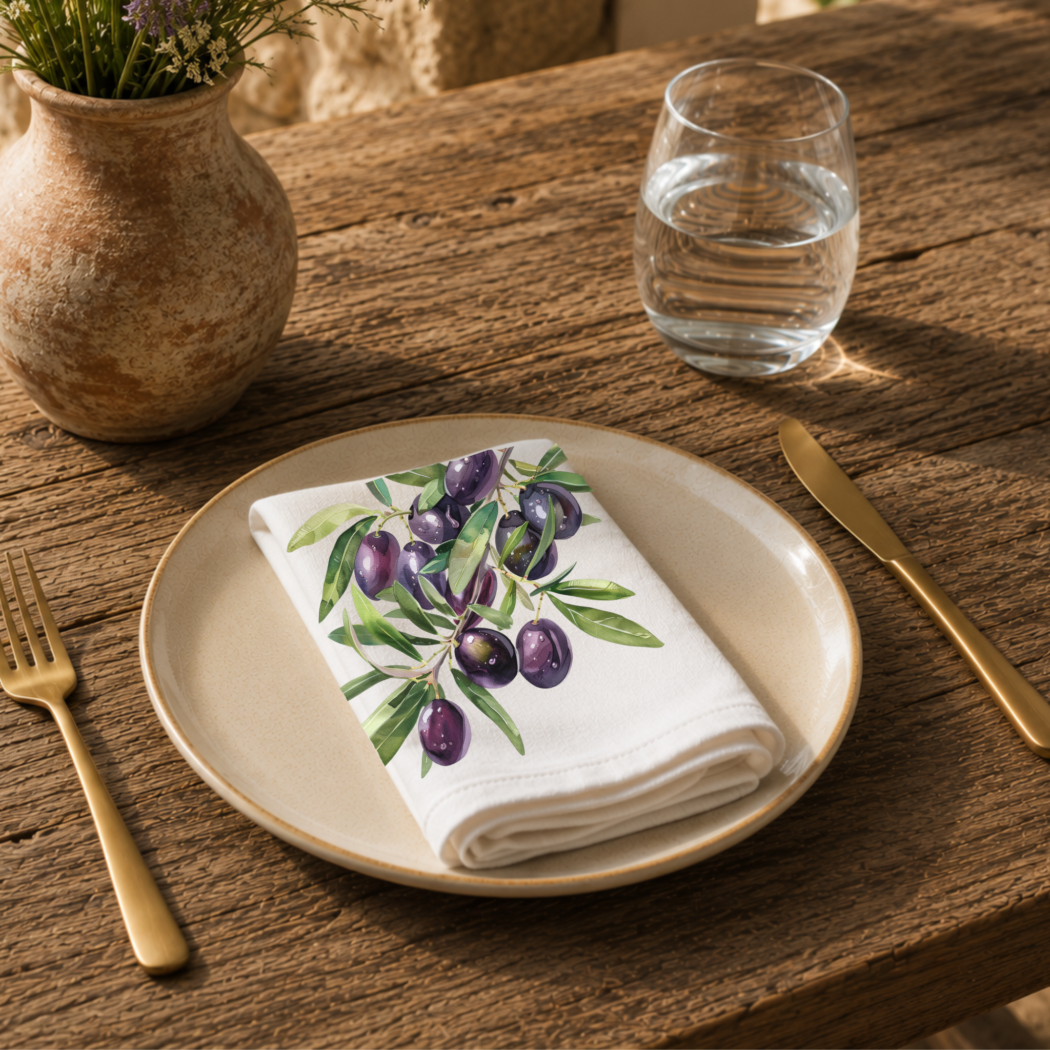 Olive Branch napkin on a cream plate with a glass of water and a terracotta vase of Mediterranean wildflowers