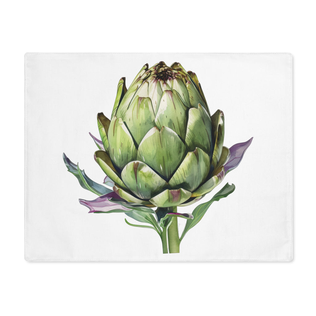 Artichoke placemat laid flat, showing a single watercolor artichoke on white cotton twill