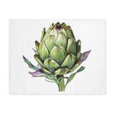 Artichoke placemat laid flat, showing a single watercolor artichoke on white cotton twill