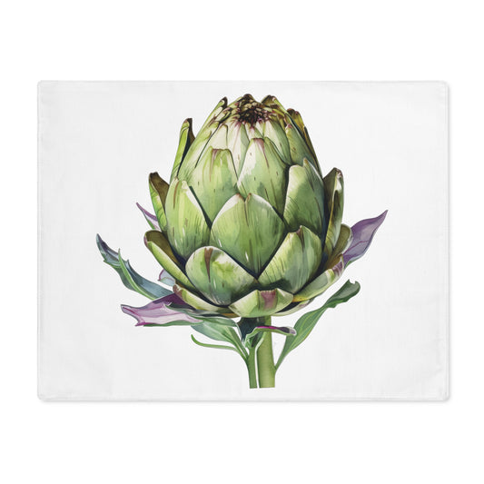 Artichoke placemat laid flat, showing a single watercolor artichoke on white cotton twill
