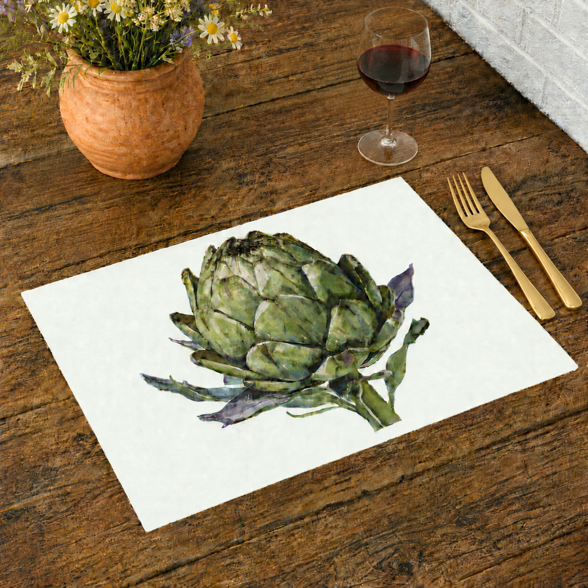Artichoke placemat on a dark wooden table with gold cutlery and a terracotta pot of greenery