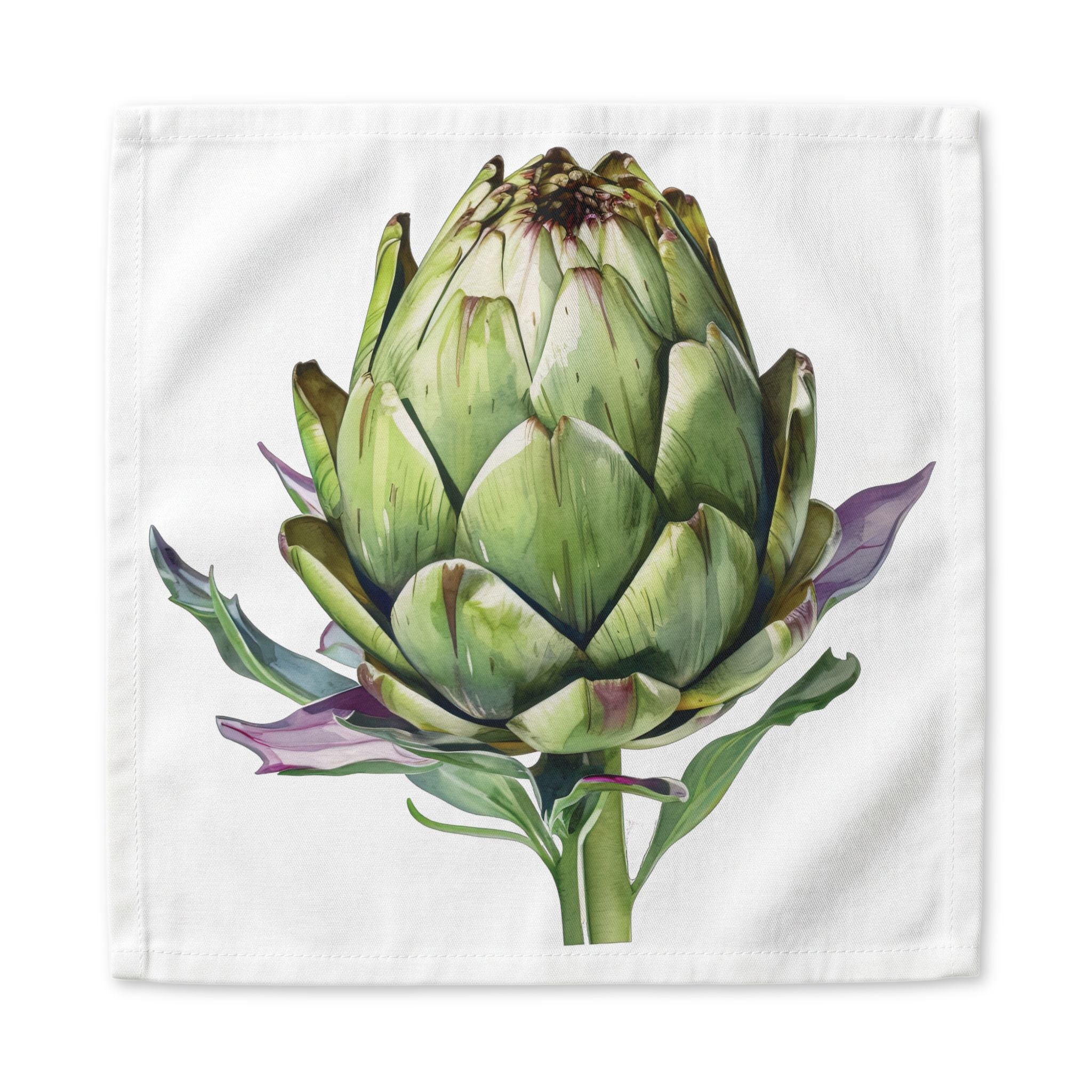 Artichoke dinner napkin, 22 inch, the watercolor artichoke centered on white cotton with hemmed edges