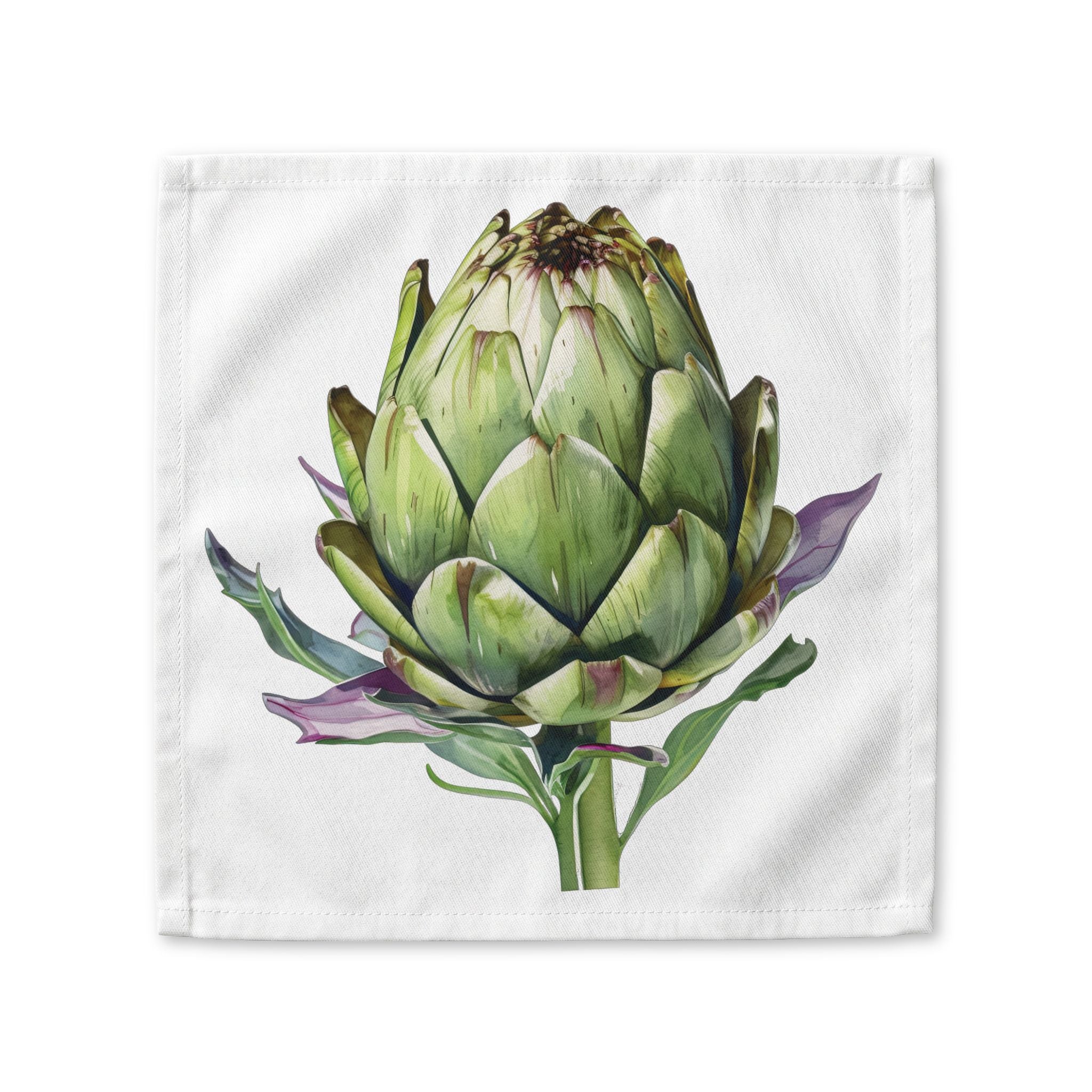 Artichoke cloth napkin laid flat, showing a single watercolor artichoke on white cotton twill