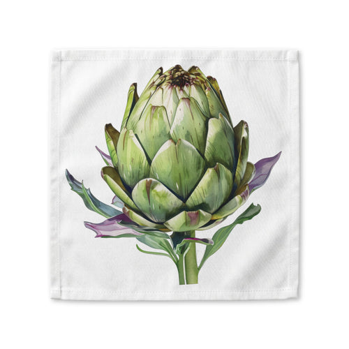 Artichoke cloth napkin laid flat, showing a single watercolor artichoke on white cotton twill