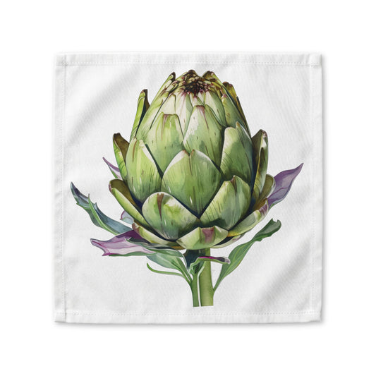 Artichoke cloth napkin laid flat, showing a single watercolor artichoke on white cotton twill